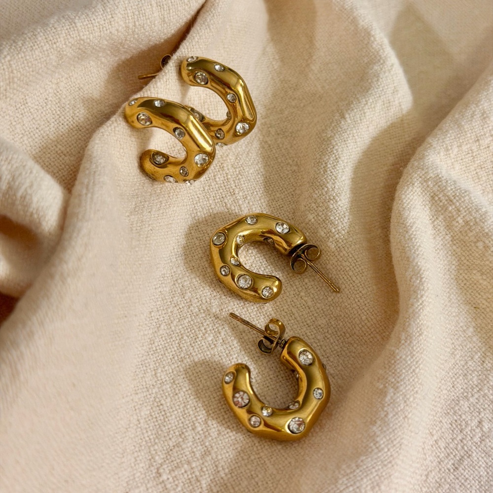 Women's Gold Plated Round Half Hoop Earrings with Cubic Zirconia Gems